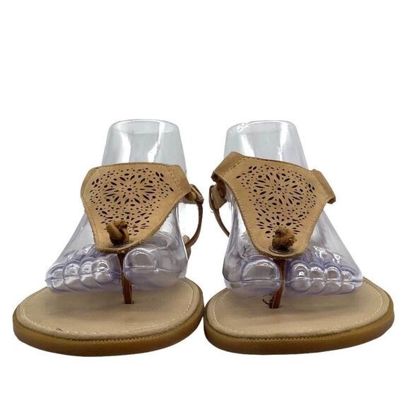 Sperry Laser Cut Floral Leather Thong Sandals 10 Slingback Neutral Flat - Picture 3 of 8